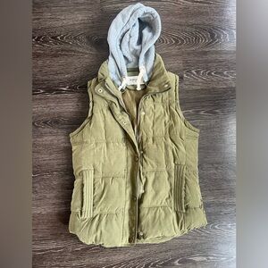 Olive Green Quilted Puffer Vest with Grey Hood